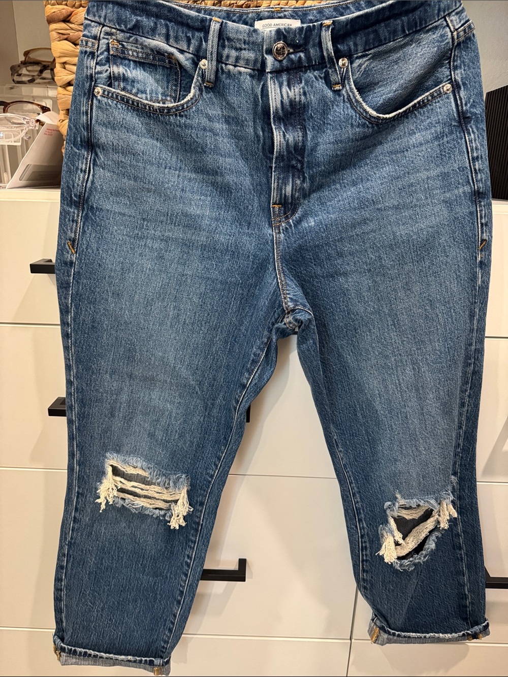Good American Blue Distressed Cropped Jeans